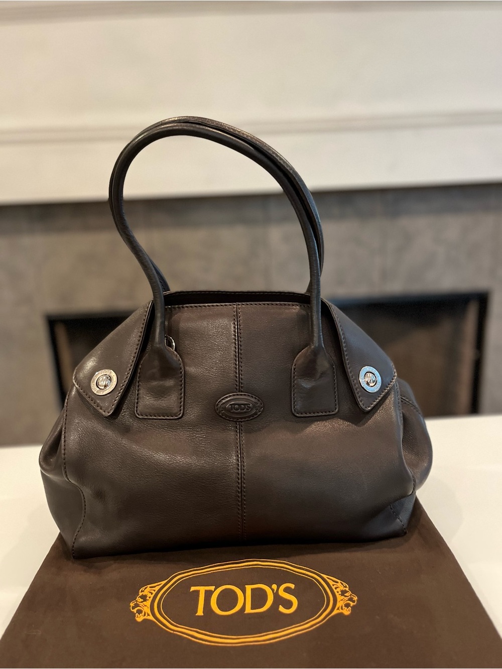 TOD’S Brown Calfskin Leather Girelli East West Tote Satchel Shoulder Bag